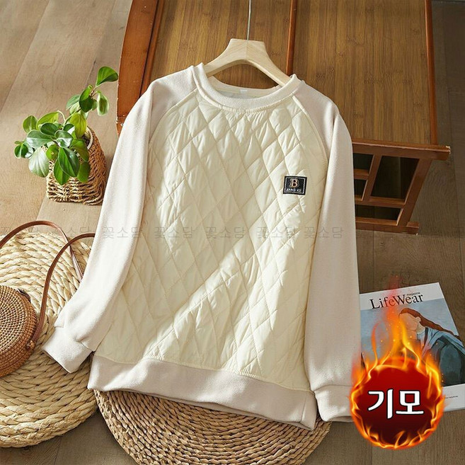 꽃소담 중년여성 누빔 배색 겨울티 패딩맨투맨 방한 긴팔 티셔츠 HXY758