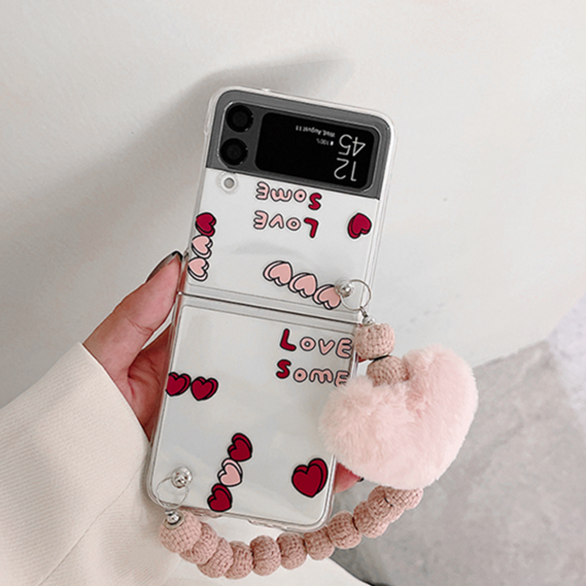 믹스더마켓 갤럭시 Z플립3 드로잉 핑크 하트 패턴 폼폼 링고리 스마트톡 케이스 Z 플립3