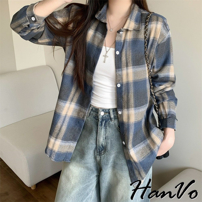 HanVo 格子襯衫 長袖外套 女裝 罩衫 休閒百搭上衣 A07-5012
