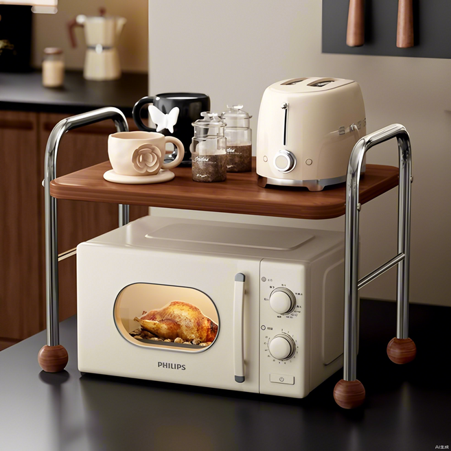 전자렌지 스탠드 전자레인지 선반 2단 다용도 가정용 수납 선반 주방 방전 밥솥 오븐 일체형 선반, 목색