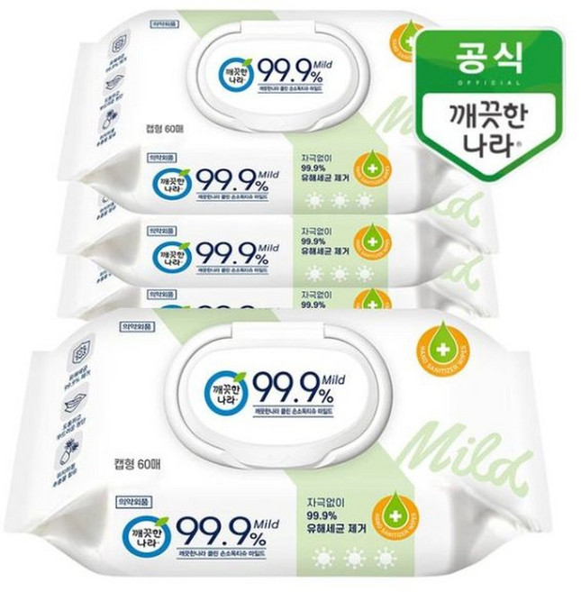 깨끗한나라 클린 손소독티슈 마일드 캡형 60매 4팩, 4박스