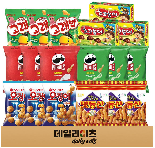 미니과자 소형 6종 18봉지 (프링글스오리지널 프링글스어니언 맛동산 고래밥볶음양념맛 초코송이 오징어땅콩), 1박스, 소형과자6종18개