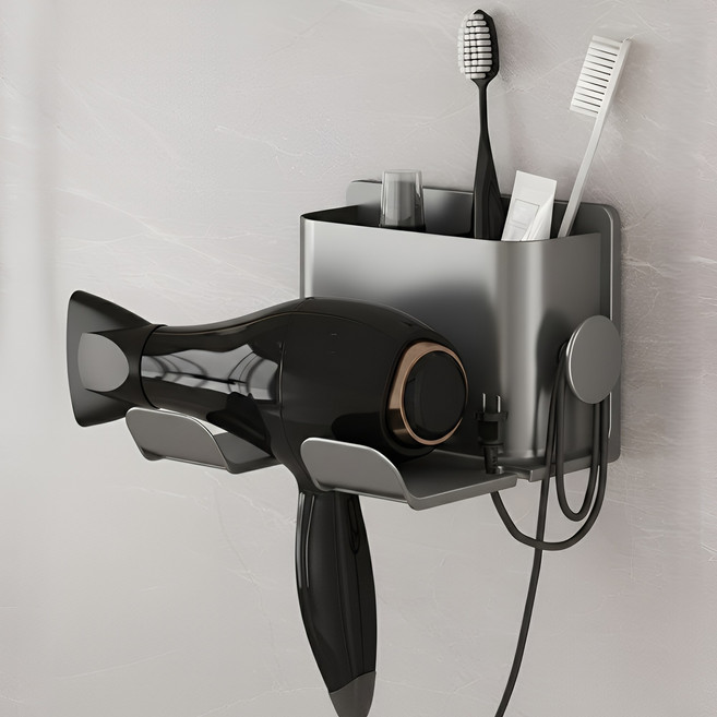 코지드 무타공 깊은 수납형 강력부착 헤어 드라이기 거치대, 1세트, 그레이