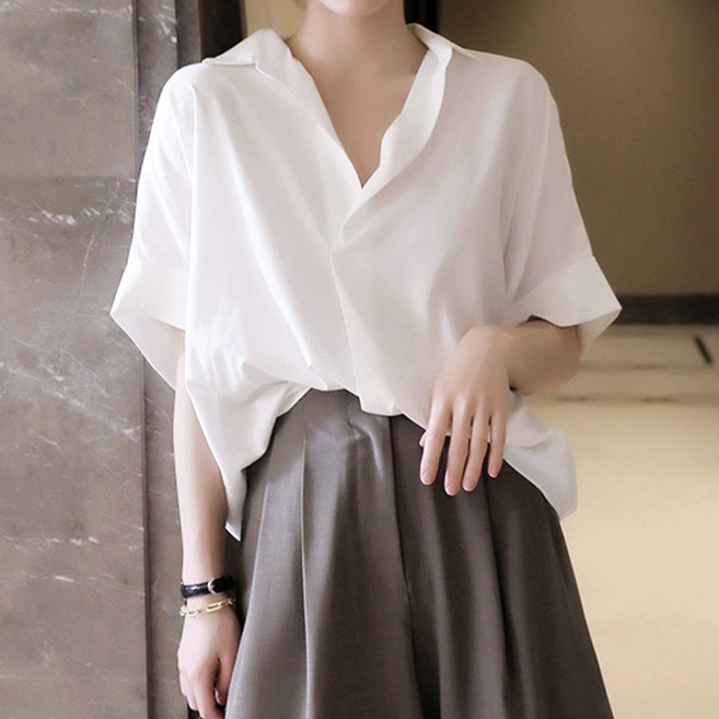 메이킹유 [2size] 반팔 오픈카라 브이넥 WA160024말린블라우스