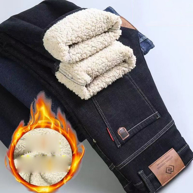 남성 겨울 양털 뽀글이 안감 청바지 두툼 보온 기모 데님 팬츠 바지 슬랙스