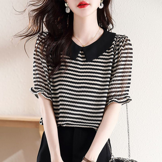 ZIGODAG 여성용 여름 반팔 쉬폰 블라우스 카라넥 스트라이프 우아한 상의 ZKYYBQ52848