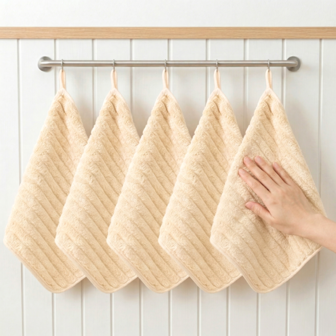 공온 모던 극세사 주방 고리 핸드타월, 5개, 베이지