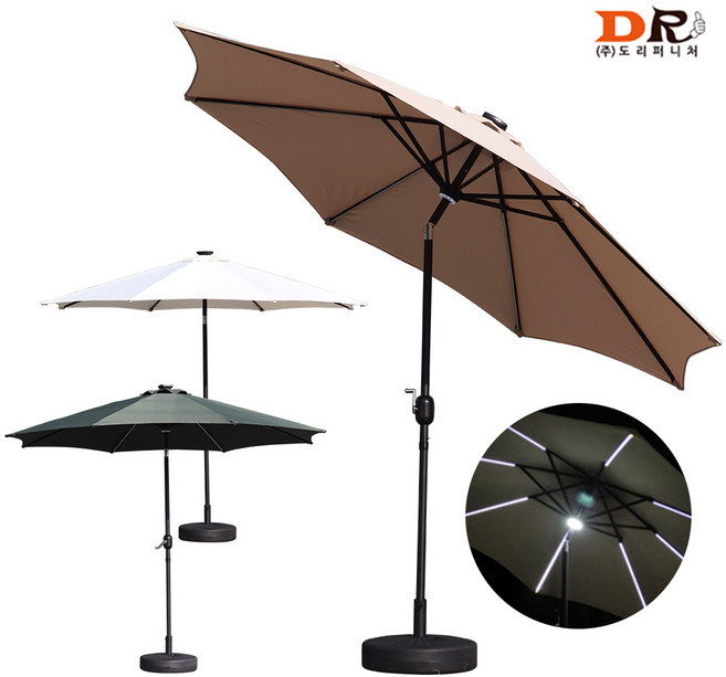 도리퍼니처 라플렌 LED 파라솔 / 접이식 아이보리 화이트 다크 그린 인디 핑크 각도 조절 야외 테라스 폴딩 정원 카페 조명 태양광, 다크그린+뉴베이스