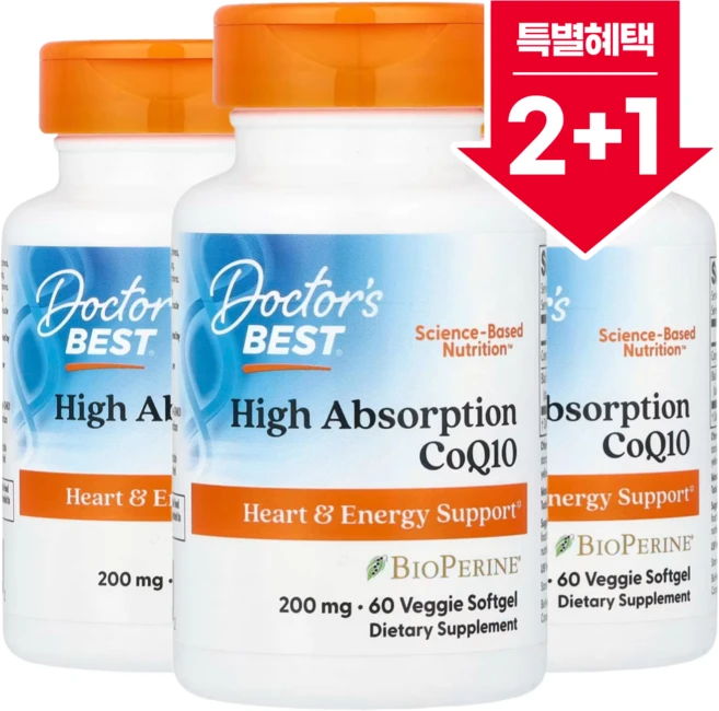 2+1 닥터스베스트 바이오페린 함유 고흡수 CoQ10 200mg 베지 소프트젤 60정 흑후추추출물 유비퀴논 함유 / 해외직구 미국정품, 3개 - 쿠팡