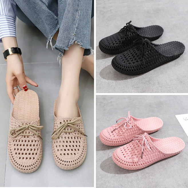 여성 라탄 슬리퍼 여름 비치 뮬 샌들 말랑한 PVC 장마철 슈즈