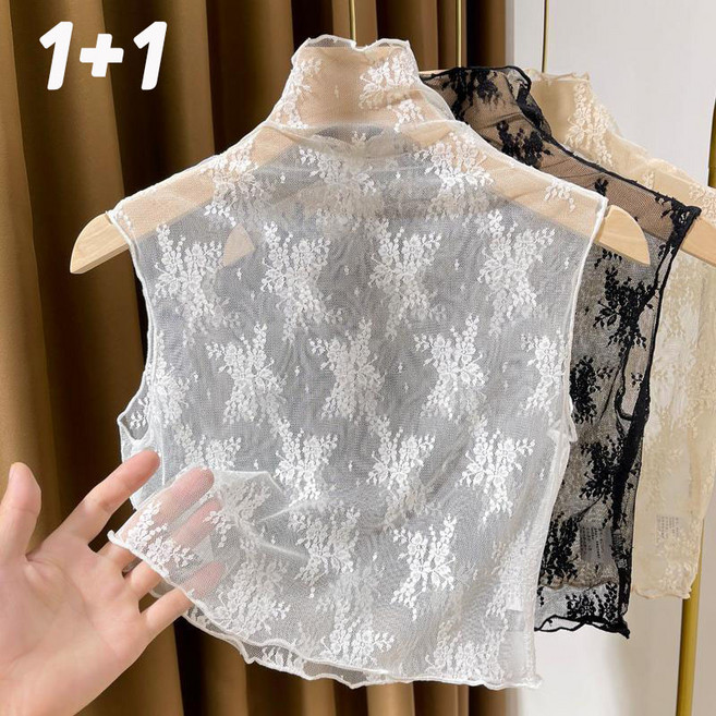 JUSTFEELING 2장세트 시스루 레이스 민소매 나시티 반폴라 망사티 데일리 플라워 상의 여름