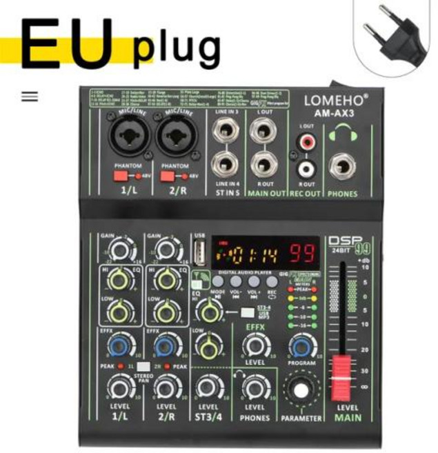 오디오 인터페이스 TONEX LOMEHO 4 채널 믹서 48V 99 디지털 효과 휴대용 사운드 테이블 블루투스 USB PC 레코드 믹싱 콘솔 교회 AMAX3, 1) EU PLUG