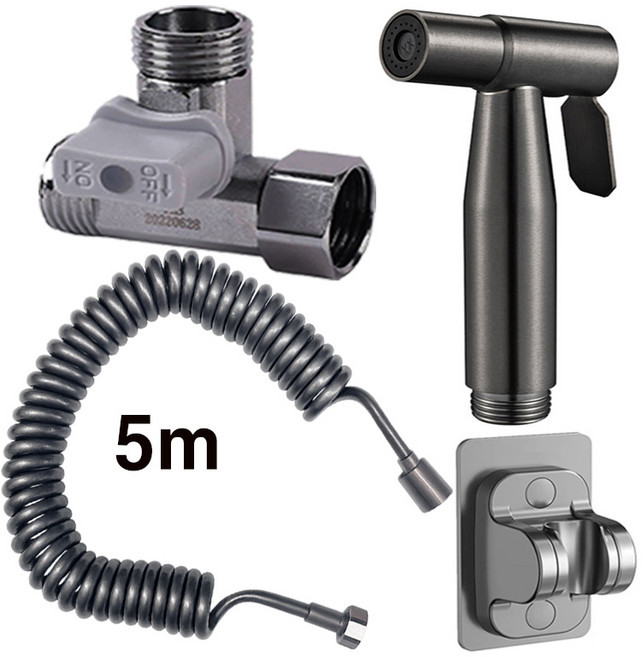 스테인레스 304욕실건 + 코일호스 5m + 2구 분배기 +부착거치대 세트, 건그레이 5m 4종, 1세트