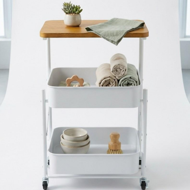 데이킨 우드탑 접이식 반조립 이동식 트롤리 소파 침대옆 테이블, 2단, 화이트