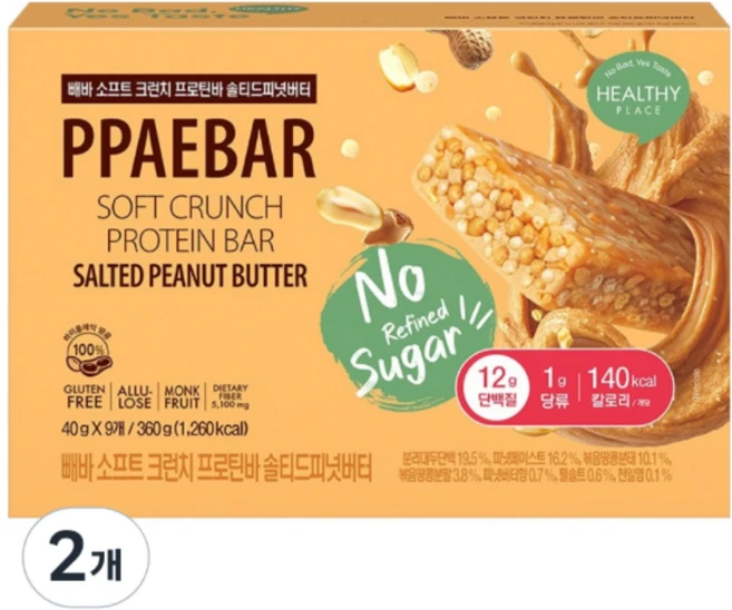 빼바 소프트 크런치 프로틴바 솔티드피넛버터 9p, 360g, 2개 - 쿠팡