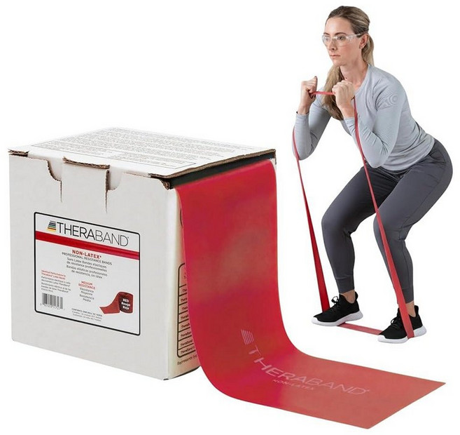 THERABAND 저항 밴드 22.6m(25야드) 롤 상체 및 하체 운동 물리 치료 필라테스 재활 디스펜서 박스 레벨 5용 엑스트라 헤비 블루 라텍스 전문 탄성 밴드, Red | Medium