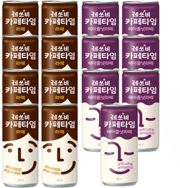 레쓰비 카페타임 라떼+헤이즐넛 2종, 15개, 240ml
