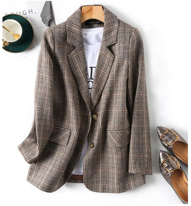 루스리더 여성 카라넥 체크무늬 데일리 정장 자켓 E45