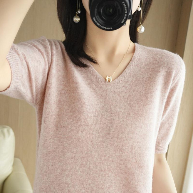 별하늘 여성용 브이넥 티셔츠 니트탑 소프트 반팔티