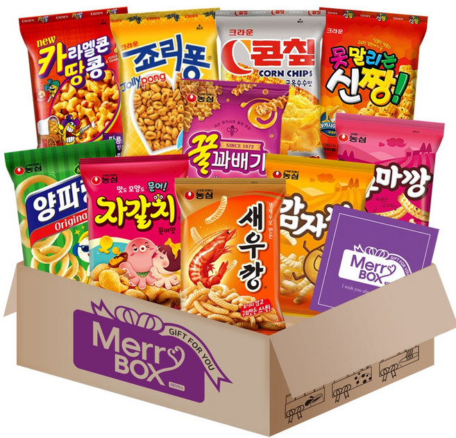 메리박스 봉지 스낵 9호 10종{새우깡+양파링+꿀꽈배기+고구마깡+감자깡+자갈치+콘칩+카라멜콘땅콩+죠리퐁+신짱}+메세지카드, 1박스, 과자세트