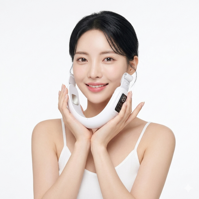 GURAN 미세전류 얼굴 마사지기 브이라인 LED케어 이중턱 리프팅 ems마사지기, 화이트, HY49