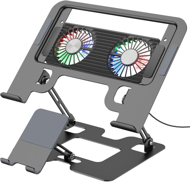 RUNDX 노트북 쿨링 스탠드 듀얼팬 탈부착 높이 조절 접이식 알루미늄 거치대, 블랙, 1개