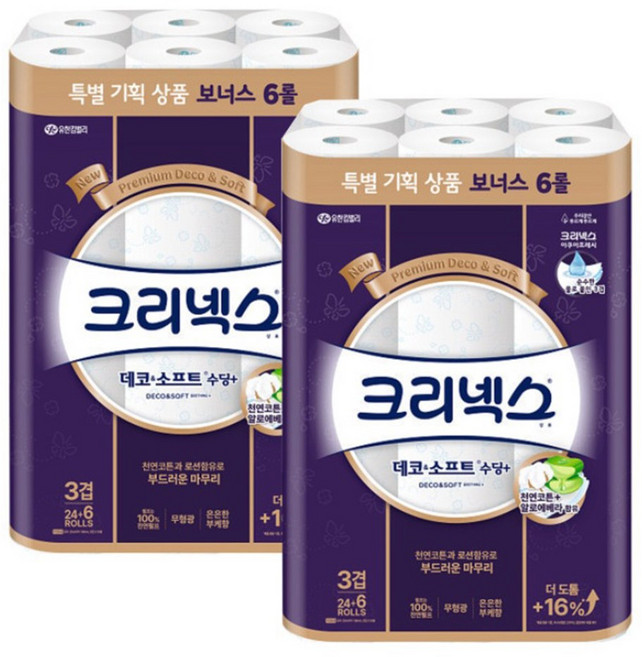 크리넥스 데코앤소프트 3겹 화장지, 25m, 30개입, 2개