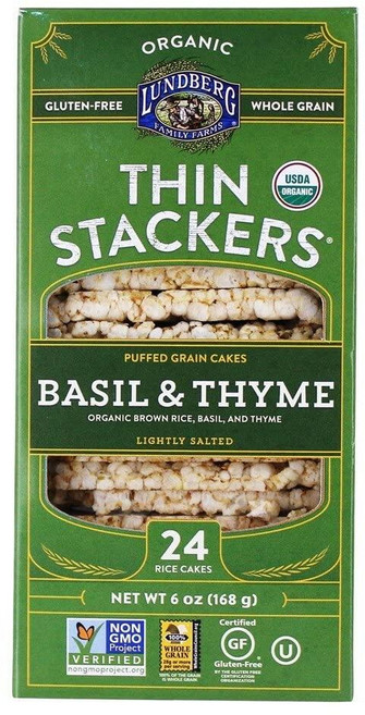 Lundberg 유기농 얇은 스태커 바질 및 타임 170g(6온스) 글루텐 프리 비건 코셔 Usda 인증 유기농 GMO 프리 인증 통곡물 현미 170g(6온스)