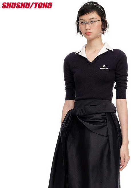 SHUSHUTONG 슬림핏 카라 브이넥 셔츠