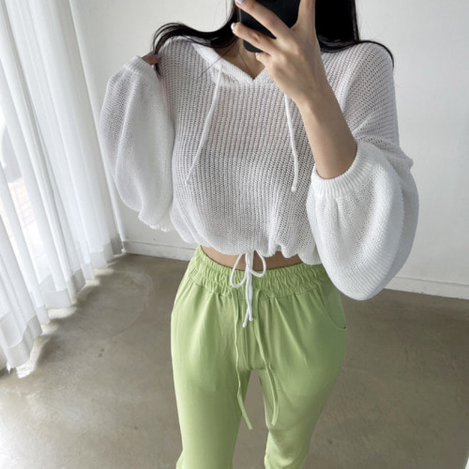 여성 여름 루즈핏 크롭 벌룬 후드 그물 니트 티 4컬러