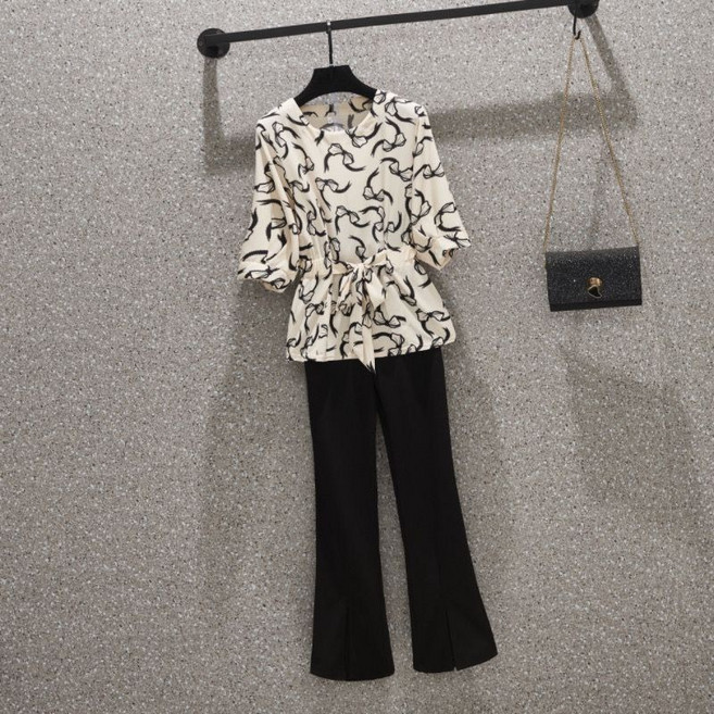 COSYEVNO 중년 여성 패턴 반팔 벨트 세트 LFHmmtz-10