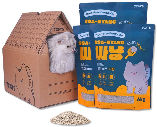 먼지없는 7CATS 싸냥 프리미엄 벤토나이트 고양이모래 무향 6kg x 3개 + 숨숨집 패키지, 18kg, 1세트