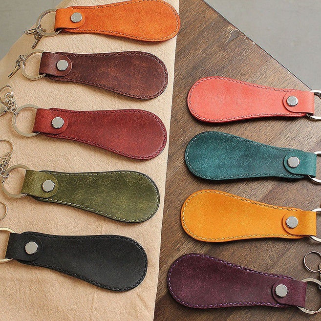 고급 천연가죽 키링 슈혼 휴대용 수제 구두주걱, 진밤, 1개