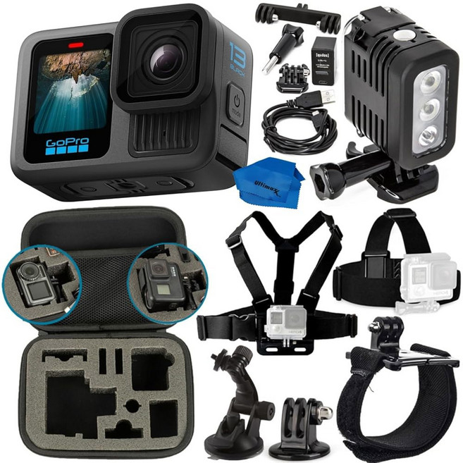 GoPro HERO13 블랙 방수 액션 카메라 번들에는 LED 조명 가슴 스트랩 헤드 손목 케이스 흡입 컵 등이 포함되어 있습니다, 1개