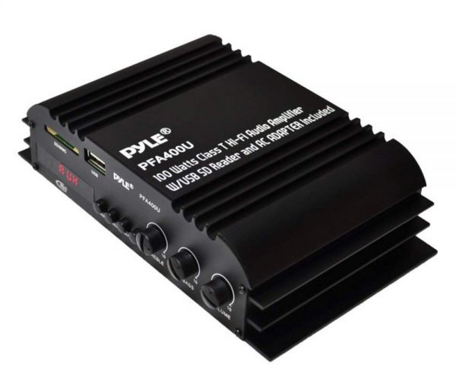 Pyle Class T HiFi 파워 오디오 앰프 100W 듀얼 채널 서라운드 스테레오 리시버 박스 USB RCA 12V 어댑터 서브 우퍼 스피커 아이폰 홈시어터 PA PFA4, 100 Watt