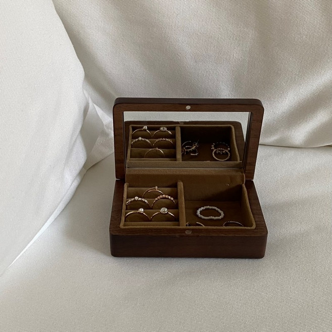 원목 미니 악세사리 보관함 보석함 거울 반지케이스 주얼리 정리함, 1개, 브라운