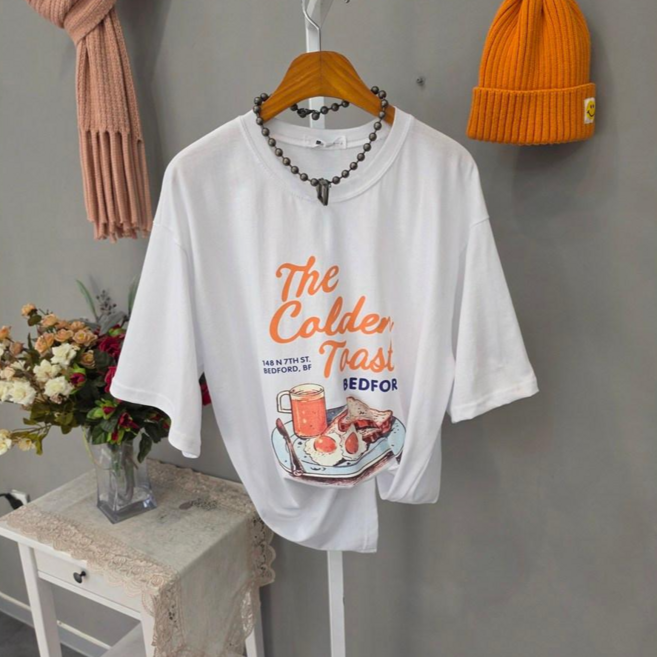 토스트 프린팅 라운드 반팔티셔츠