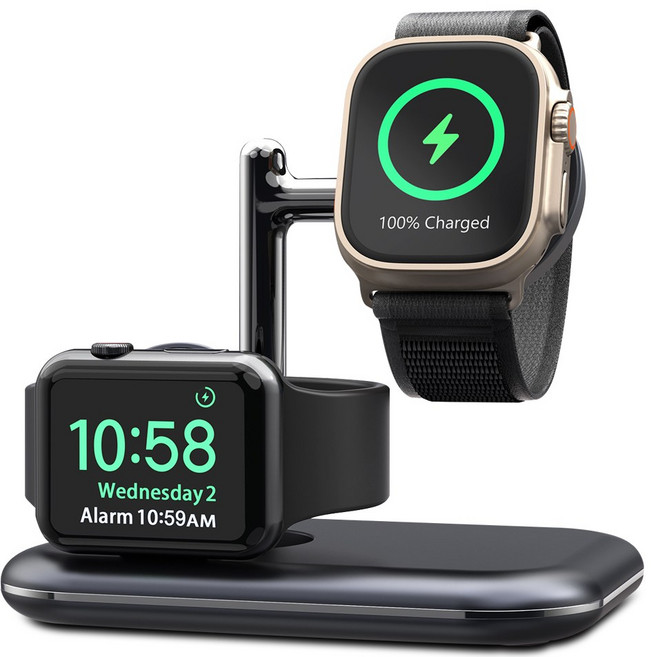 더조은셀러 갤럭시워치 애플워치 2in1 몬테르 커플 2대 동시 접이식 무선충전기 듀오 더블, 블랙, 1개