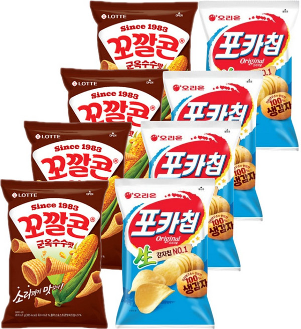 롯데 오리온 스낵모음 꼬깔콘 군옥수수 67gx4개+포카칩 오리지널 66gx4개 (총8개)
