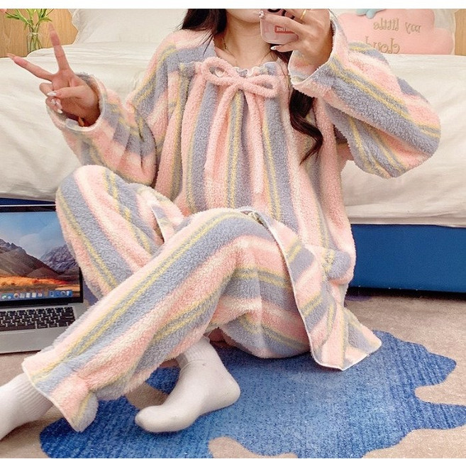 통통리본 오버핏 박스 수면 롱 원피스 투피스 극세사 수면 잠옷 겨울 홈웨어 루즈핏 빅사이즈 파자마