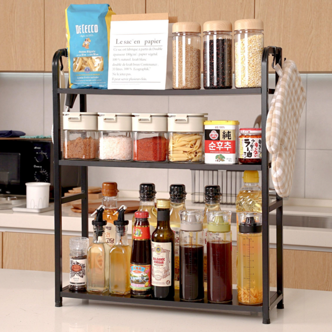 가구공작소 주방 싱크대 정리선반 블랙우드 3단 철제 수납장, 1개