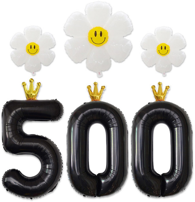 [해피쏘굿] 40인치 왕관 숫자 (100~900) +데이지 풍선세트, 숫자500, 1세트, 블랙
