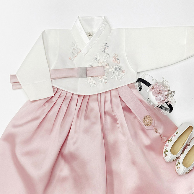 꽃자수저고리 분홍치마 고급 여아한복 (1호~15호) 어린이 돌한복 아기 아동한복