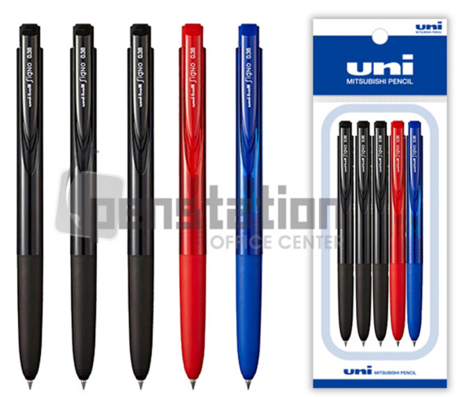 유니볼 시그노 노크식 RT1 0.38mm 블랙/블루/레드 5개 세트, 0.38 블랙3개+블루1개+레드1개