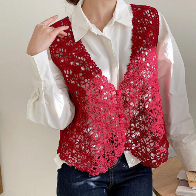 펀칭조끼 브이넥 레이어드룩 크로쉐 오픈니트