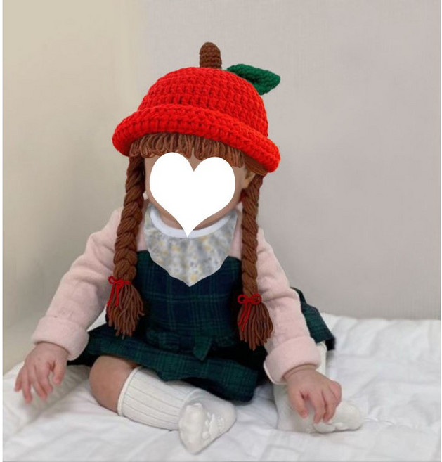 위그햇 사과 체리 모자 가발 아기 머리 장식, 사과모자, 1개