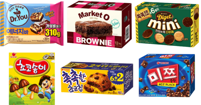 오리온 에너지바 310g + 마켓오 브라우니 240g + 다이제초코 240g + 초코송이 216g + 촉촉한초코칩 160g + 미쯔 60g 6종세트