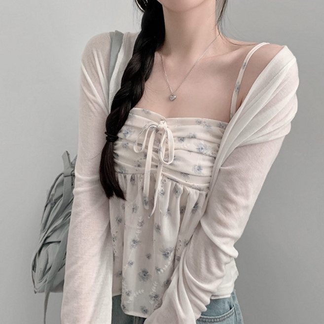 라라홀리 러블리 플로럴 쉬폰 셔링 리본 끈나시 가디건 세트