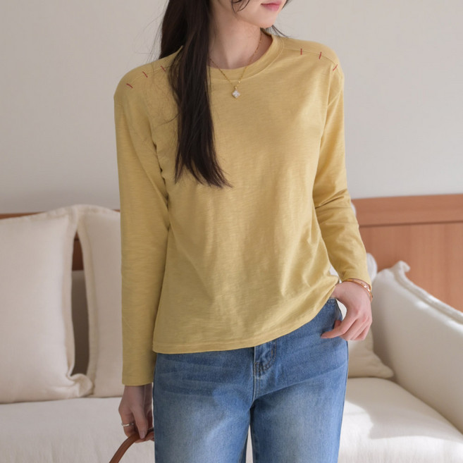 데일리앤 리필 8컬러 여자 기본 슬라브 절개 스티치 얇은 긴팔티셔츠 봄 여름 가을