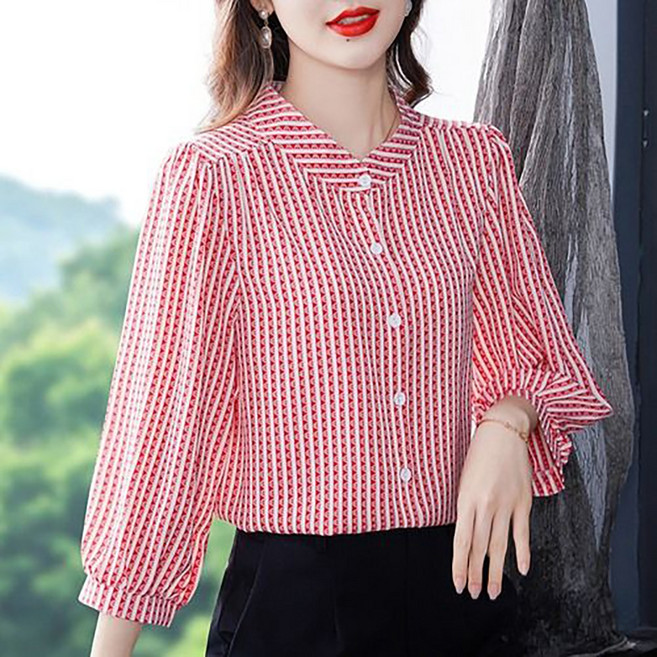 ROYALBELLE 중년 여성 스트라이프 셔츠 7부 소매 캐주얼 고급스러운 블라우스 F0022108